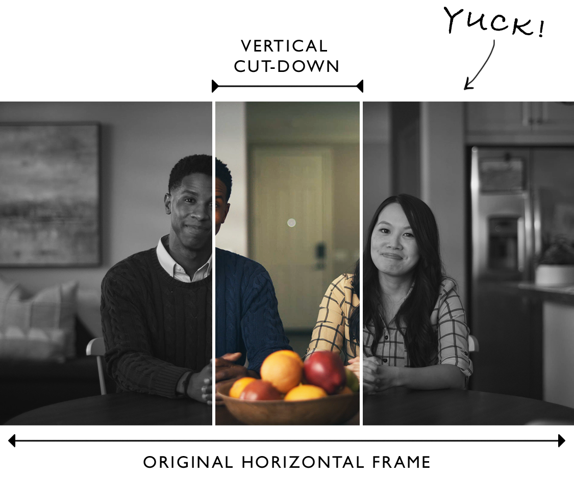 A horizontal commercial awkwardly cropped into a narrow vertical frame